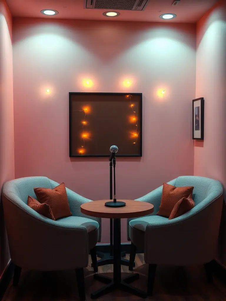 A photograph of a small, intimate karaoke suite designed for 2-4 people, featuring comfortable seating, a single microphone, and a cozy atmosphere.