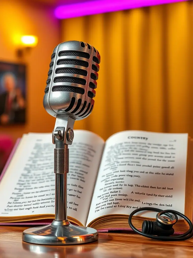 A stylish image featuring a microphone and a songbook opened to a page of country songs, with a blurred background of a karaoke suite at The Studio Karaoke.