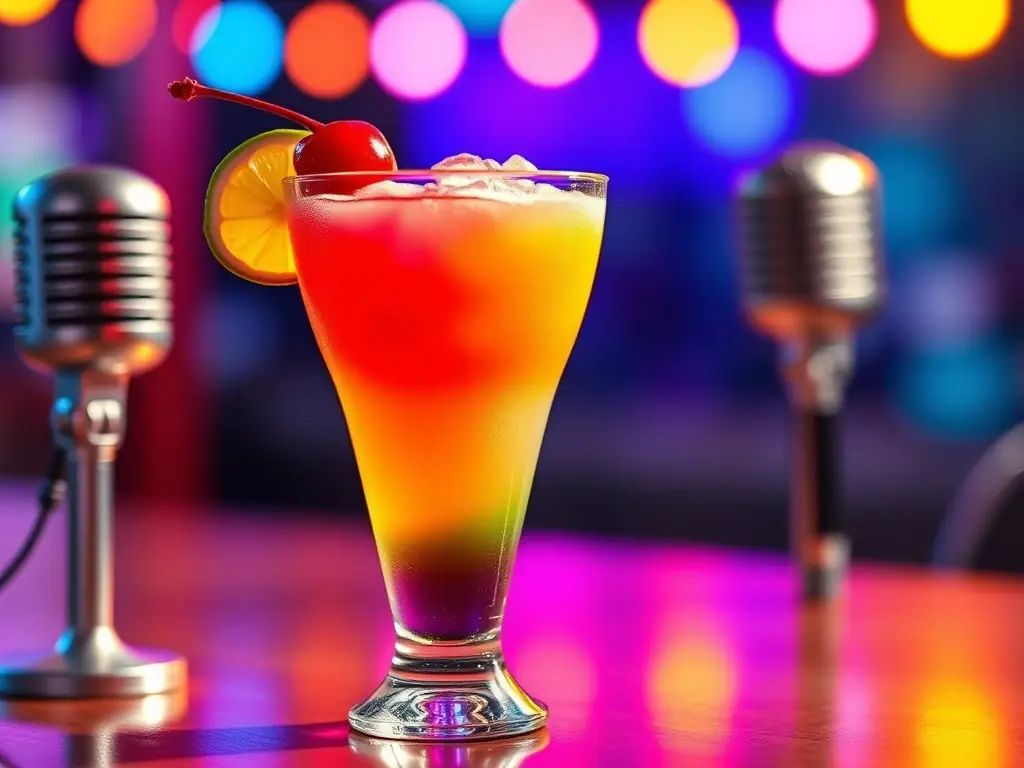 A vibrant image showcasing a colorful cocktail with a karaoke microphone in the background, suggesting a fun and lively atmosphere at The Studio Karaoke.