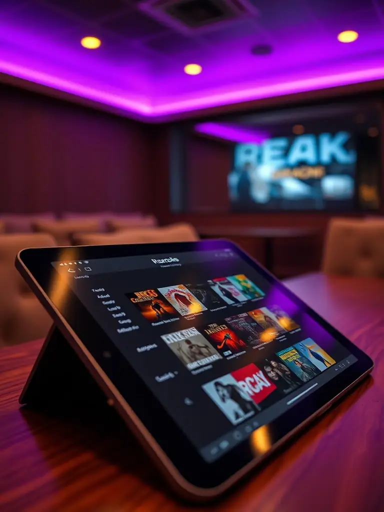 A close-up shot of a tablet displaying a song list with various rock anthems, set against the backdrop of a dimly lit karaoke room at The Studio Karaoke.