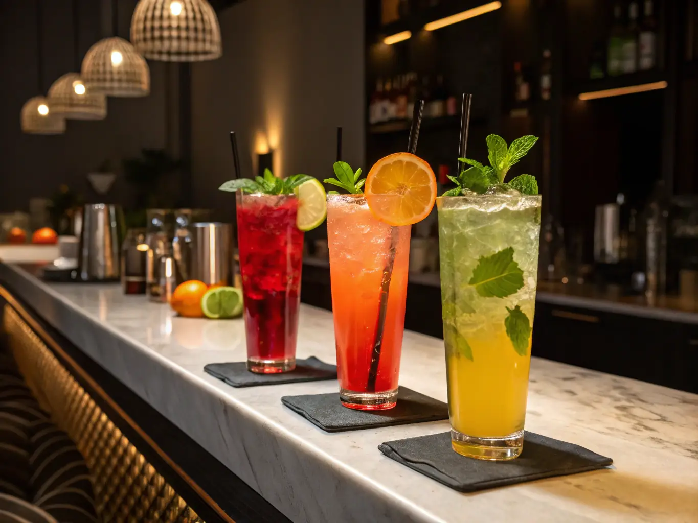 An image of a selection of non-alcoholic beverages, such as mocktails, sodas, and juices, arranged attractively on a bar counter at The Studio Karaoke.