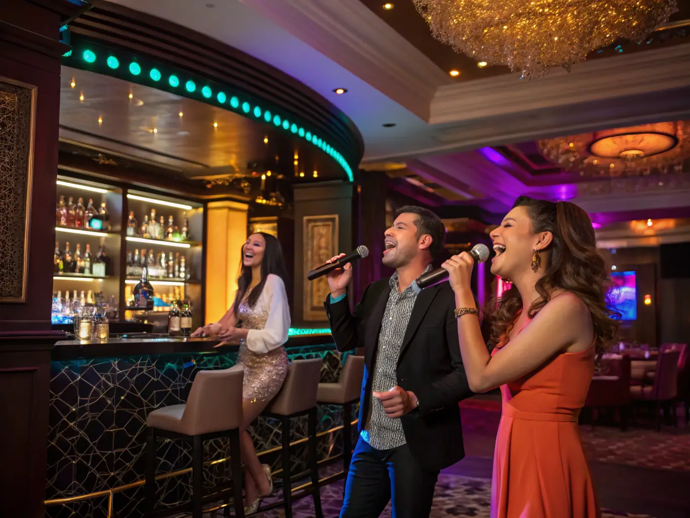 A spacious karaoke suite with a stage, dance floor, and a fully stocked bar. A group of people is dancing and singing on the stage, while others are enjoying drinks at the bar.