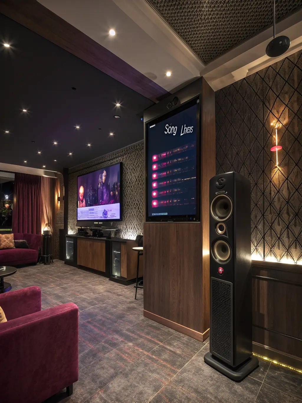 A photograph of a large karaoke suite designed for 10-15 people, featuring a stage area, multiple microphones, and vibrant lighting.