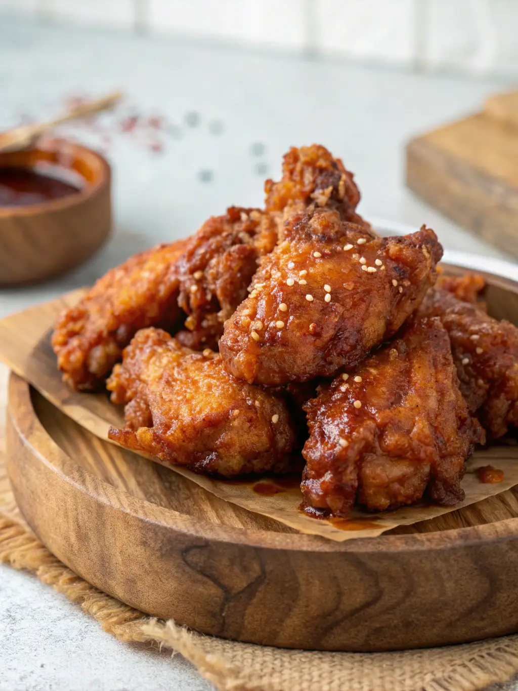 A close-up shot of The Studio Karaoke's Korean Fried Chicken wings, showcasing their crispy texture and glistening glaze.