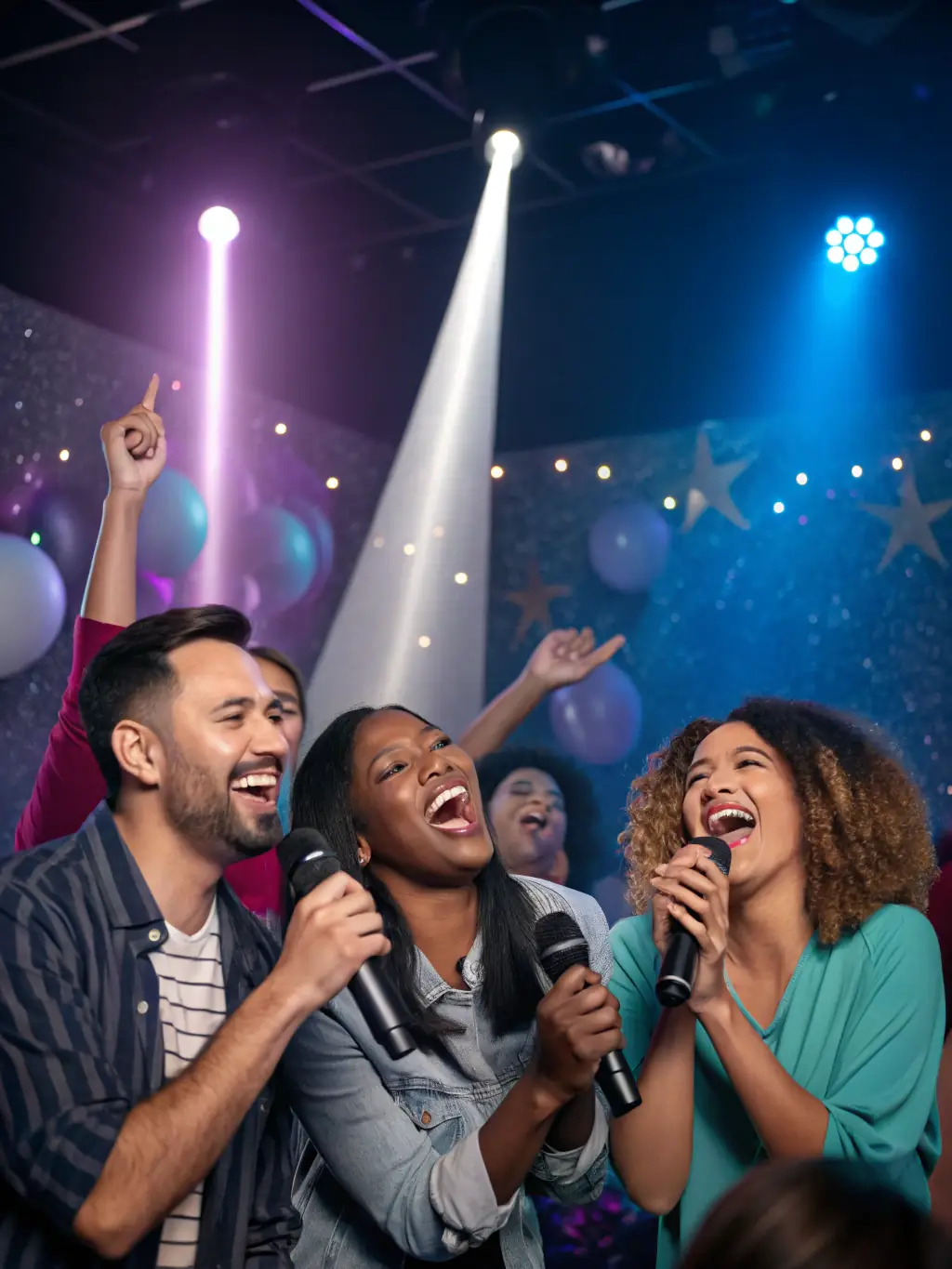 A photograph of an extra-large karaoke suite designed for 16-20 people, featuring a dedicated bar area, a dance floor, and premium sound and lighting.