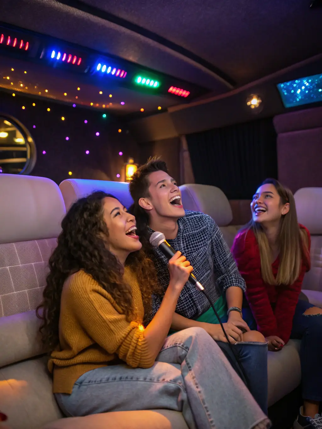 An image of a group of people laughing and singing along to a hip-hop song in a karaoke suite, with the lyrics displayed on a large screen at The Studio Karaoke.