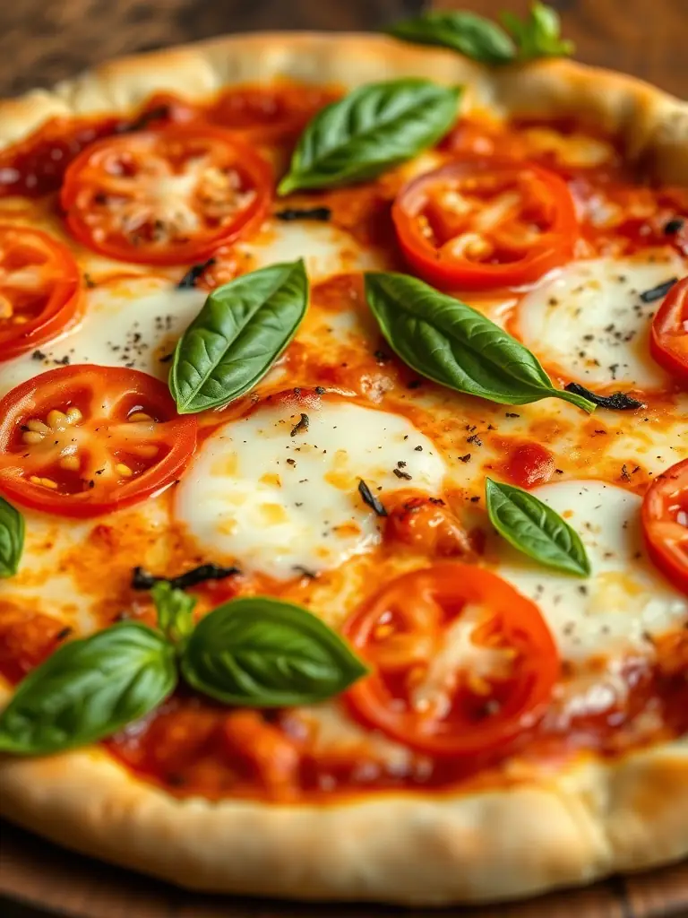 A delicious image of The Studio Karaoke's Margherita pizza, highlighting the fresh basil, mozzarella, and tomato sauce.