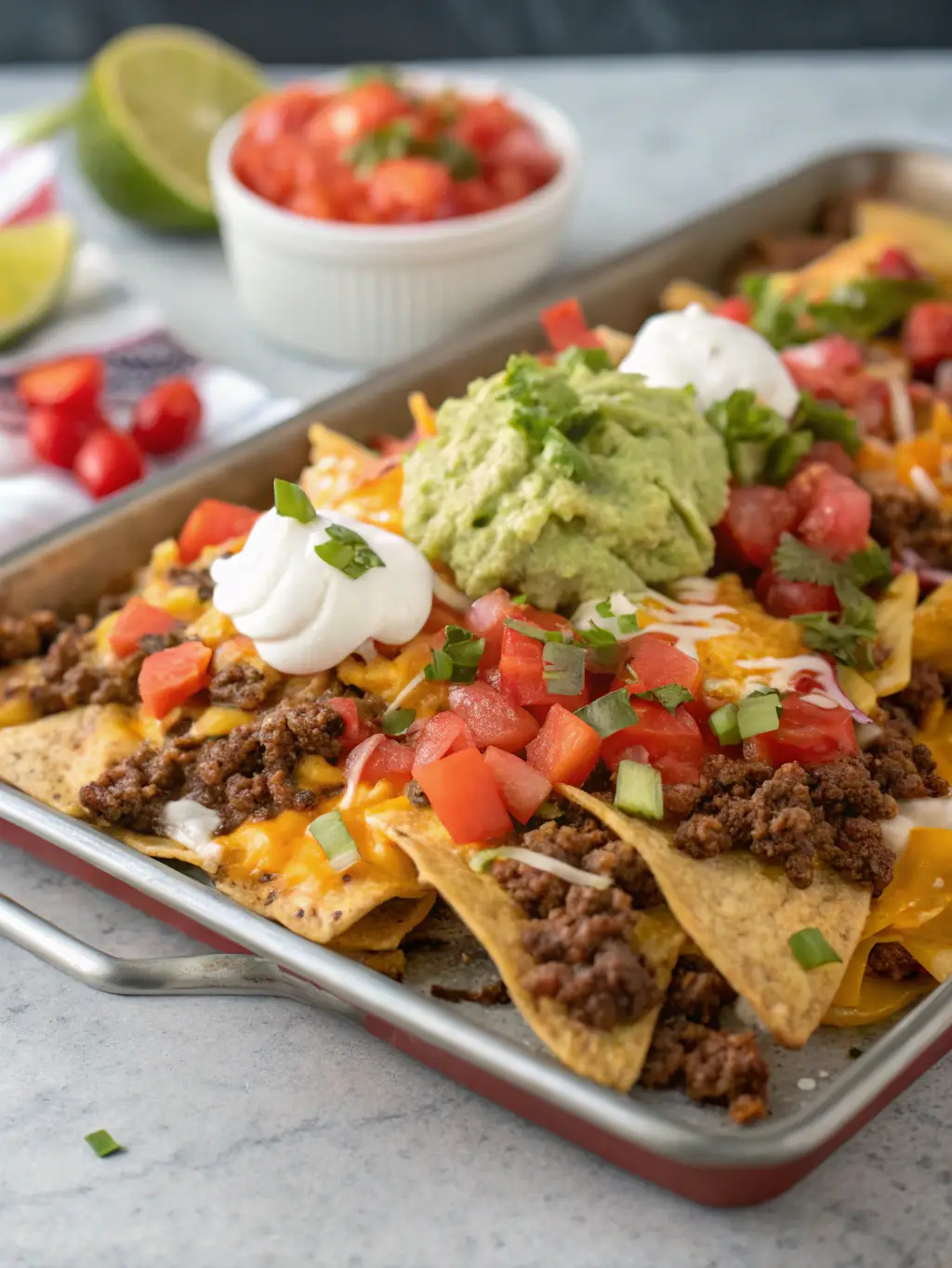 A vibrant photo of The Studio Karaoke's signature loaded nachos, piled high with cheese, jalapeños, and your choice of protein, served with sour cream and guacamole.