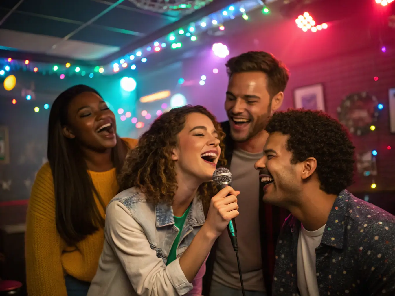 A vibrant, modern karaoke suite with plush seating, colorful lighting, and a large screen displaying song lyrics. The room is filled with a group of friends laughing and singing into microphones.